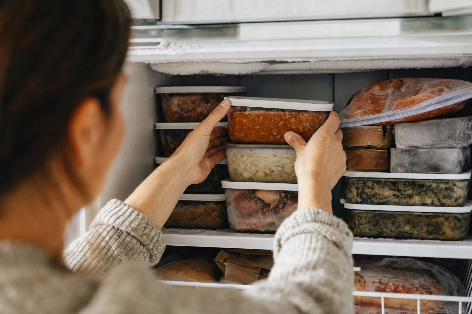 Various frozen meal containers stacked in a freezer, labelled with contents and dates