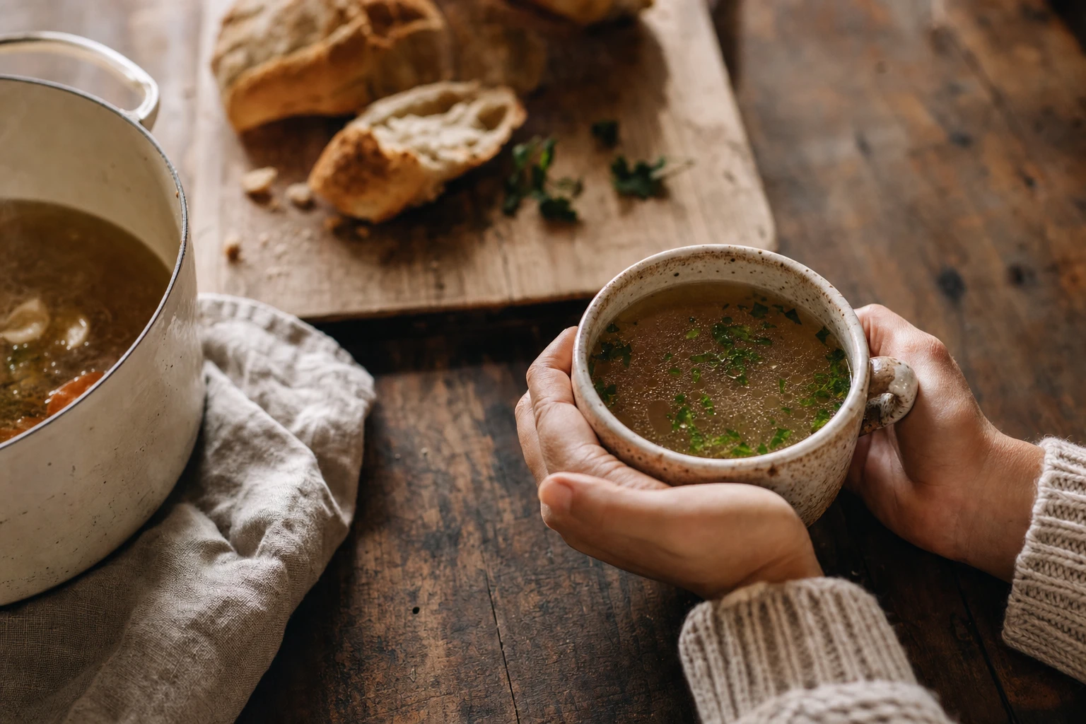 A mug of warm bone broth with herbs floating on top