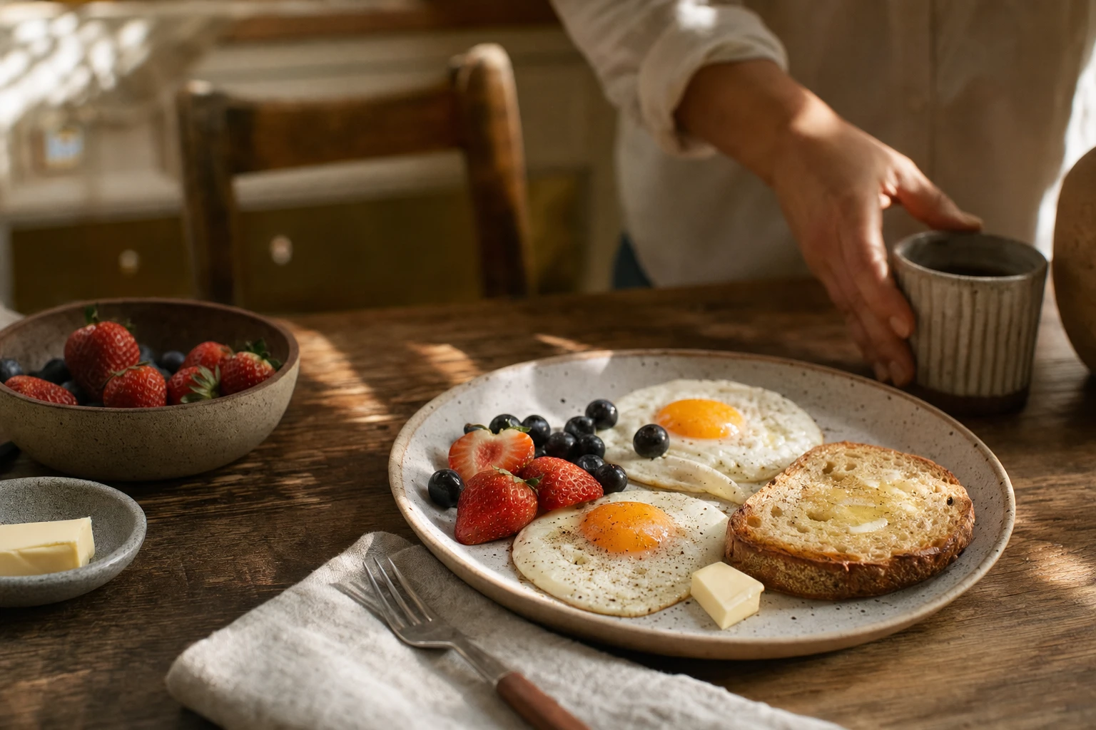 A breakfast plate with eggs, fresh fruit, and buttered toast