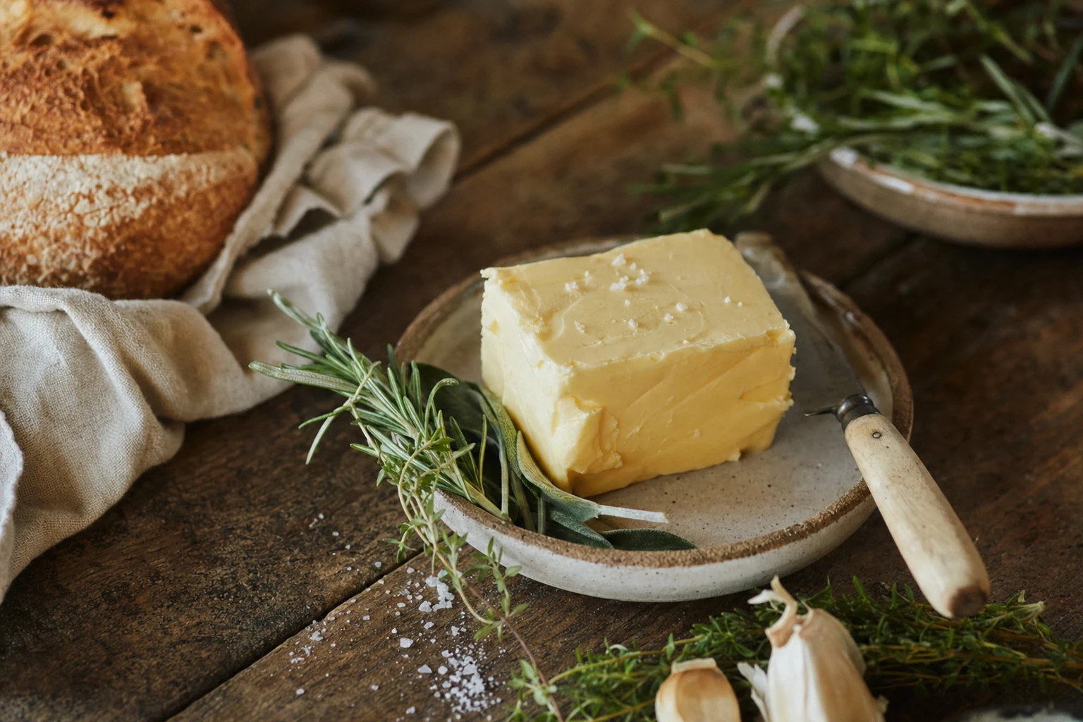 Pastured butter on a rustic surface with fresh herbs