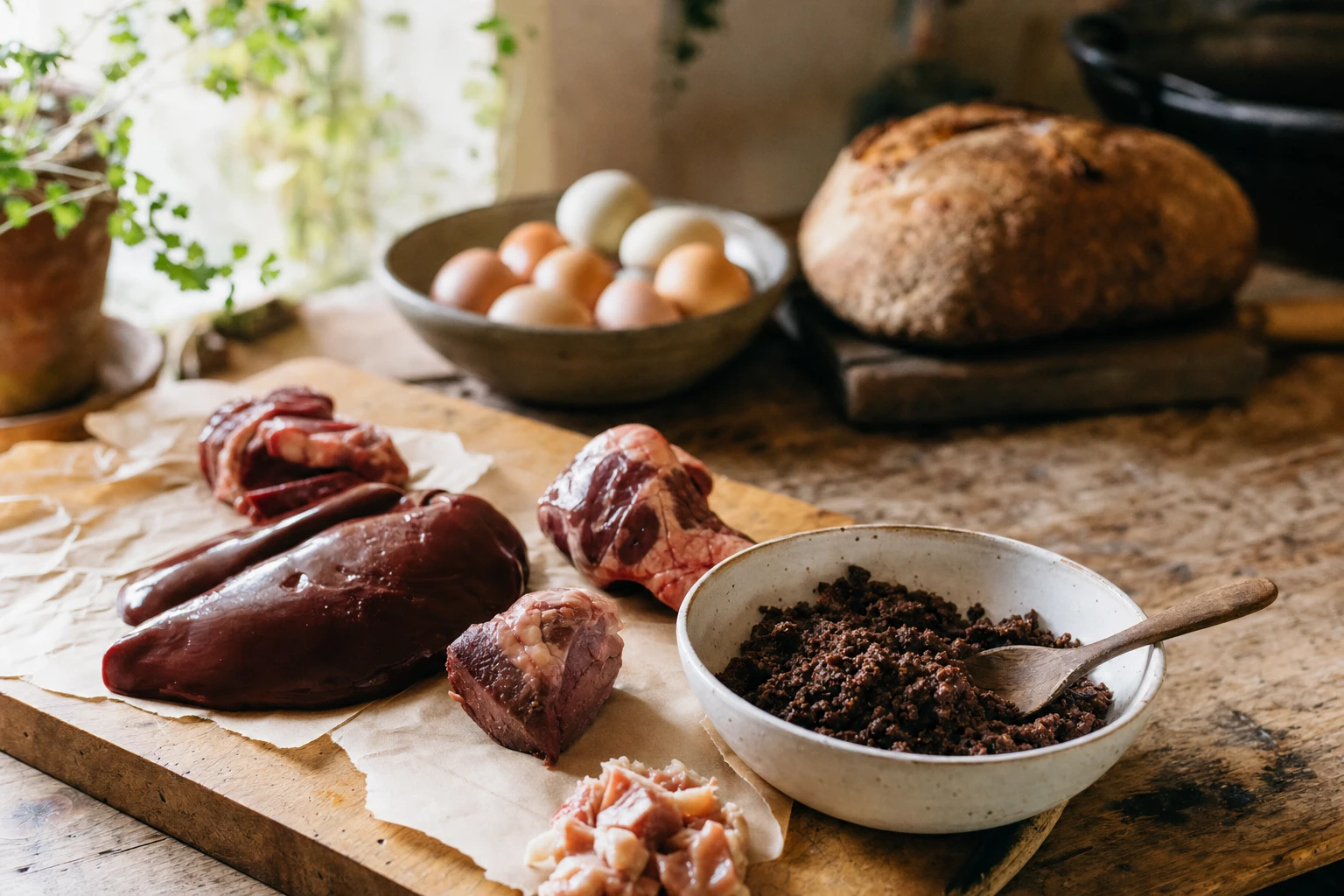 Beef organ supplements in a bowl next to whole organ meats