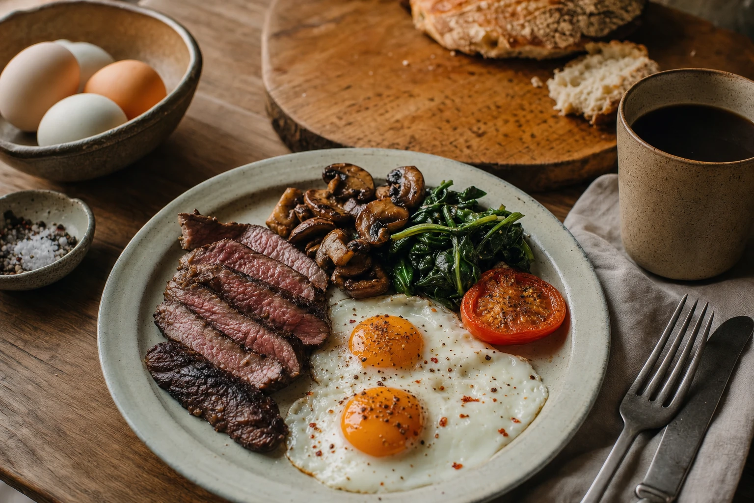 Breakfast plate with eggs, meat, vegetables