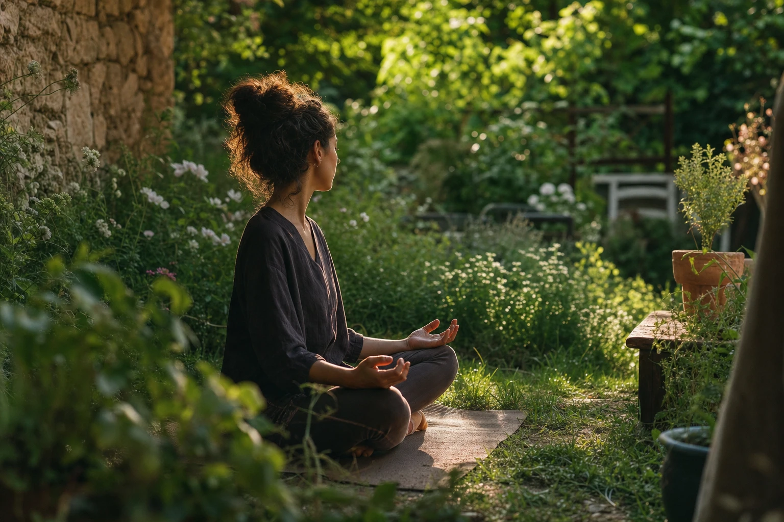 Person meditating outdoors in a calm garden setting