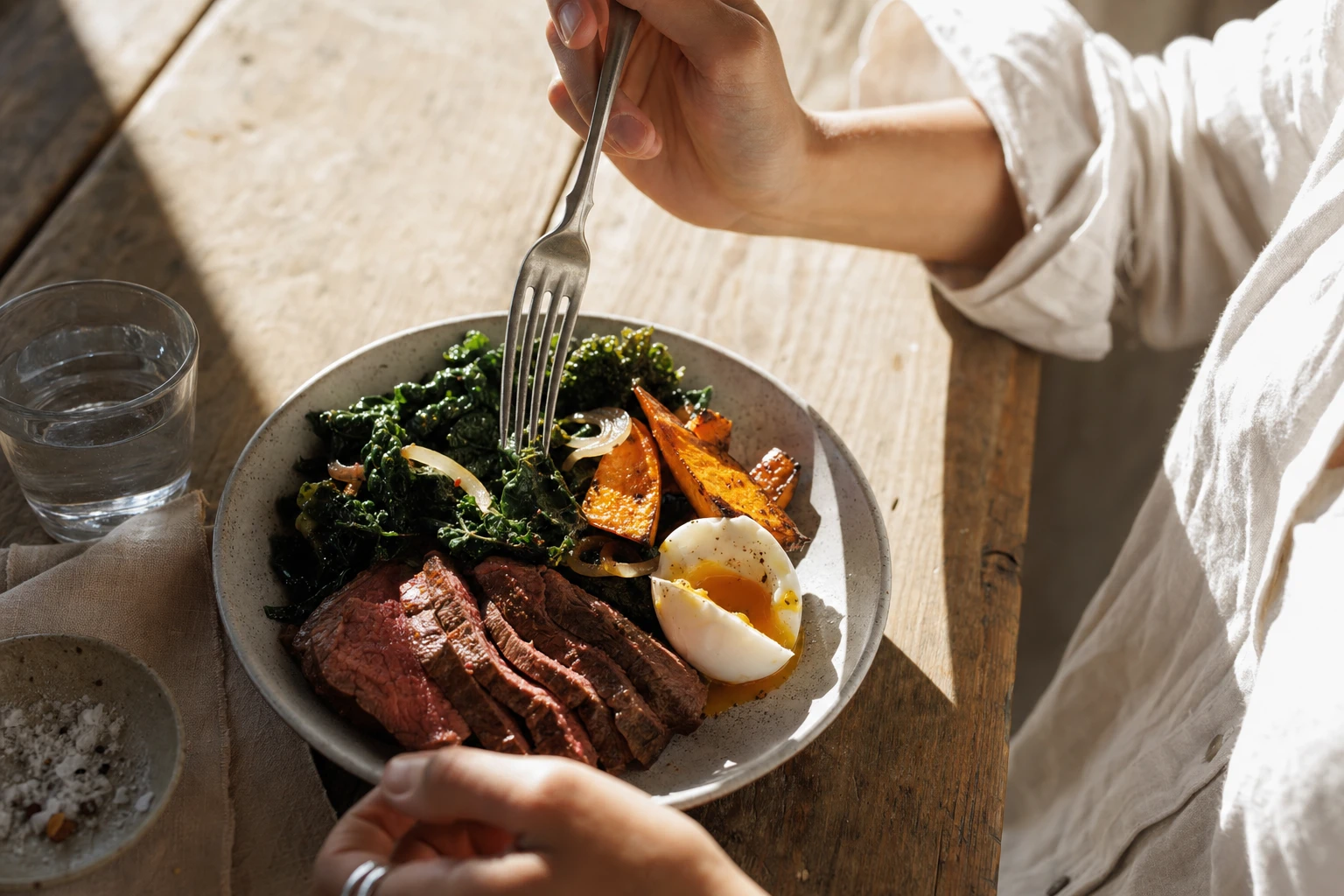 Plate with balanced meal, protein, fat, and vegetables