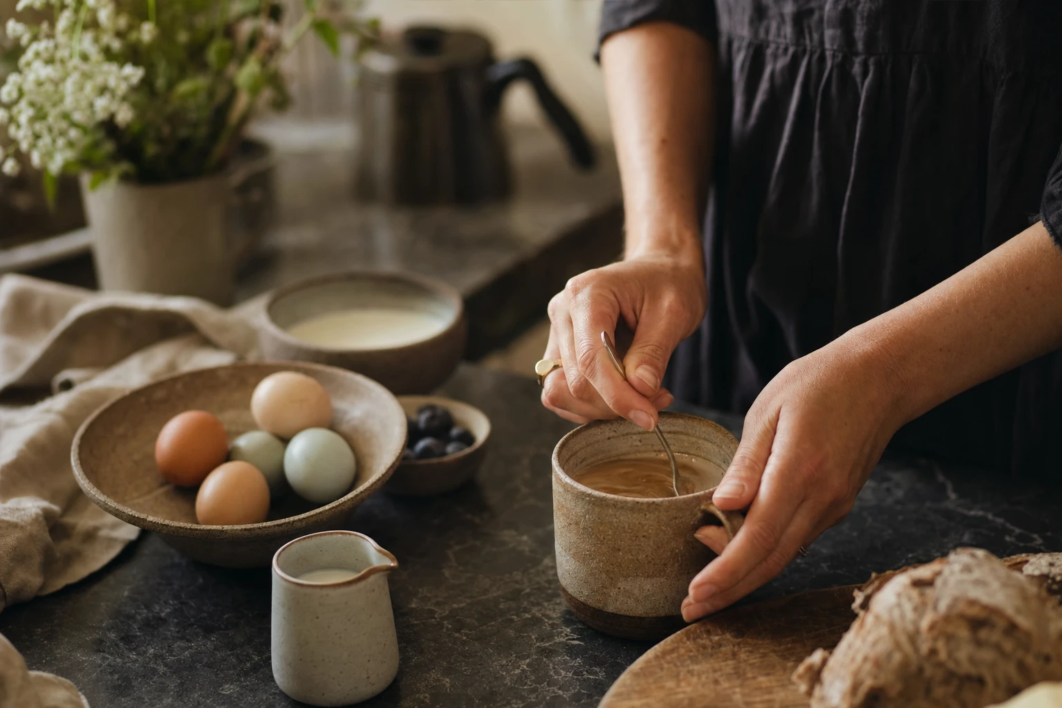Organised Protein powder being stirred into a warm mug of coffee