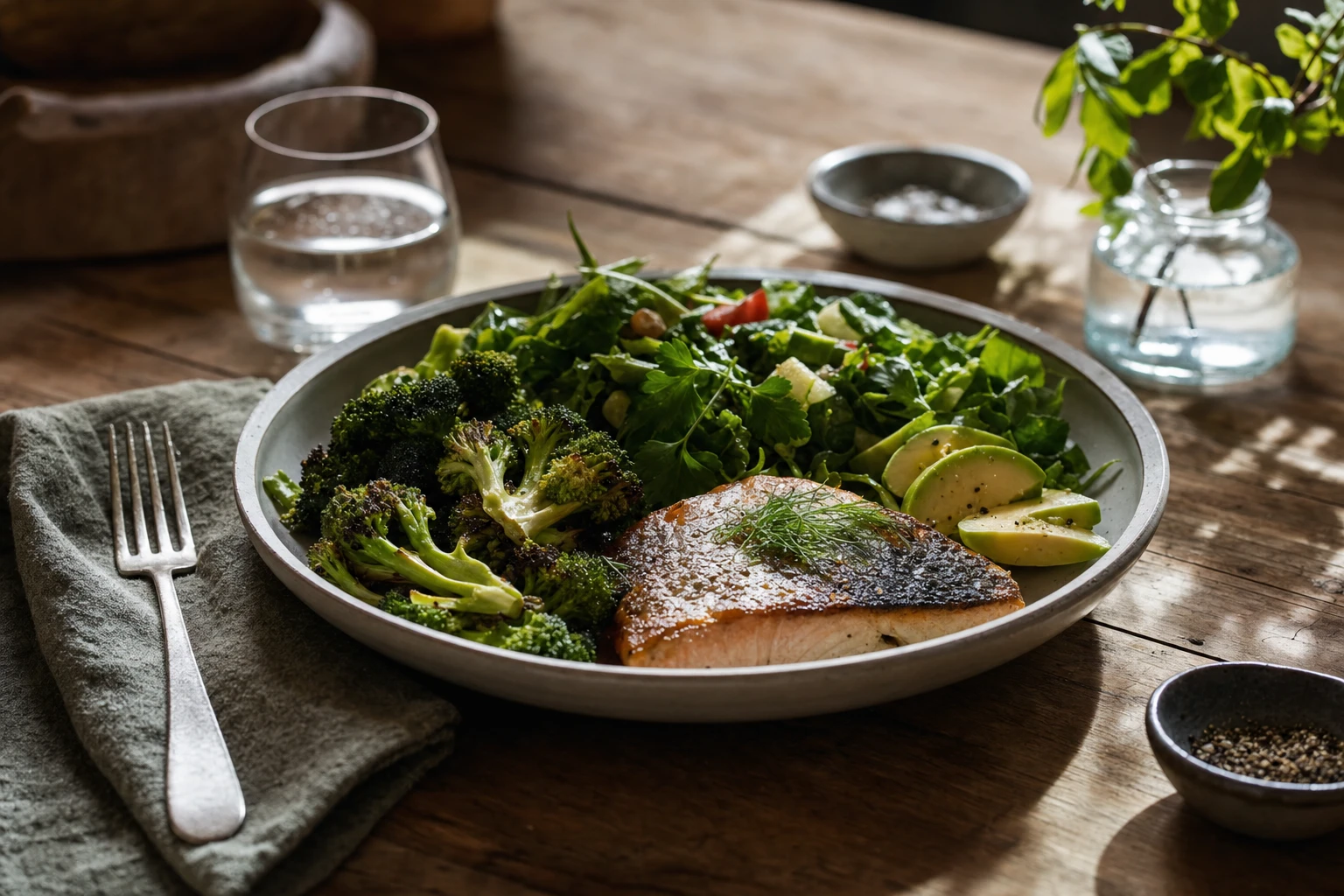 A plate of non-starchy vegetables, quality protein, and fat