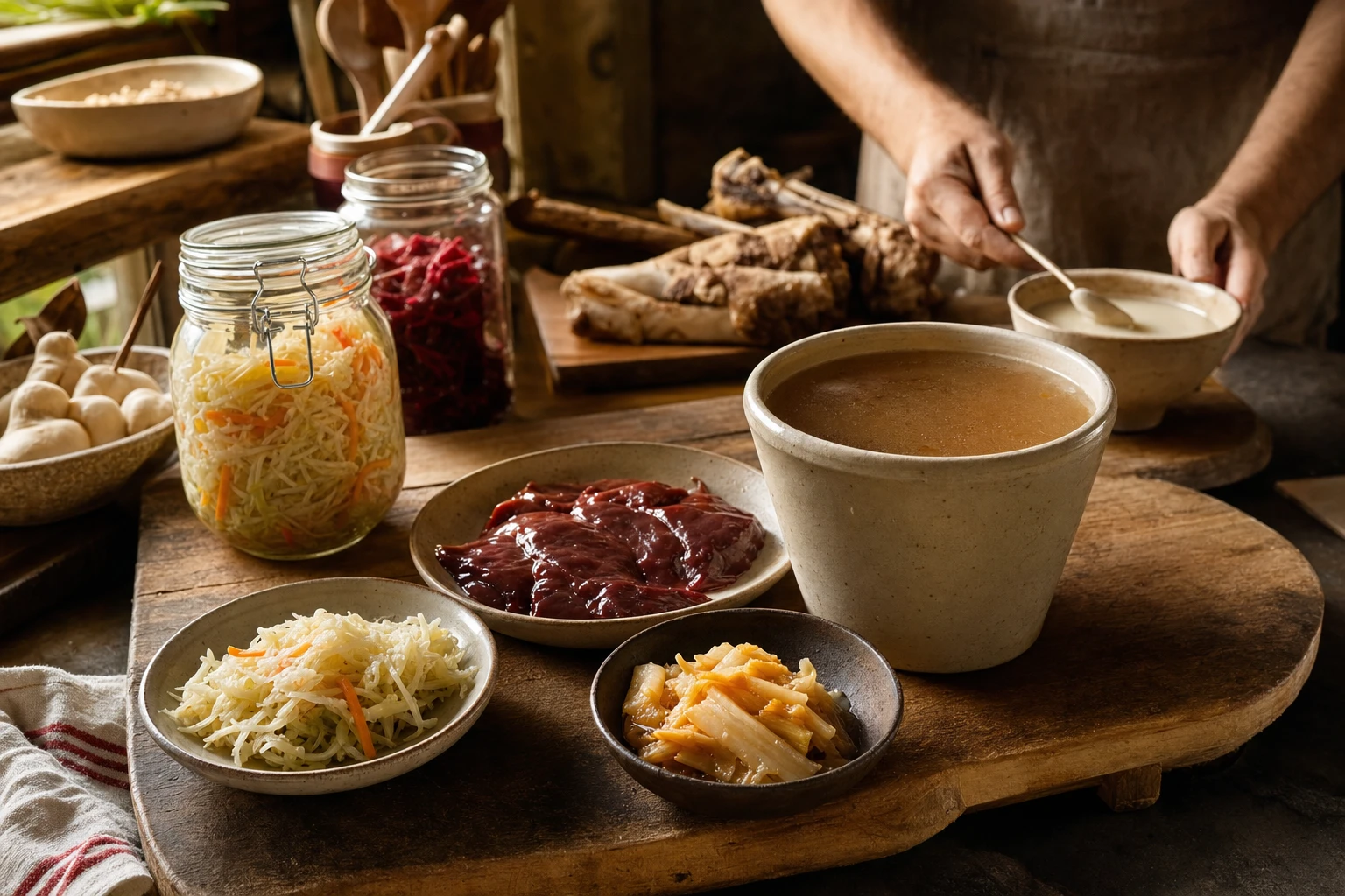 Fermented vegetables, bone broth, liver, and colostrum