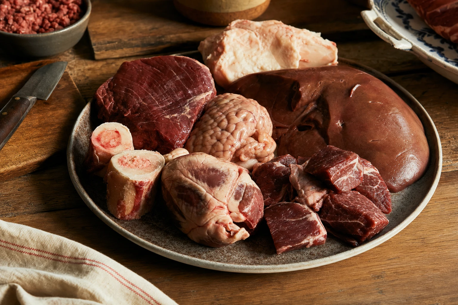Plate of various cuts of meat, organs, and nose-to-tail preparations