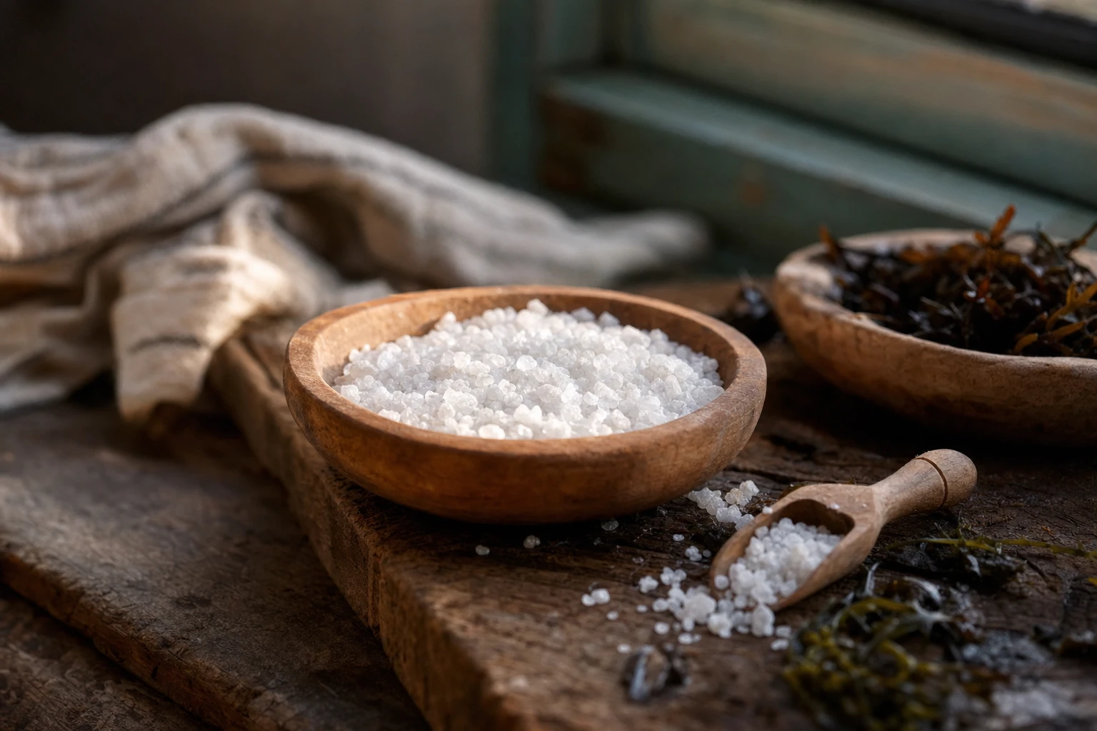Celtic sea salt crystals in a wooden bowl, rustic and natural
