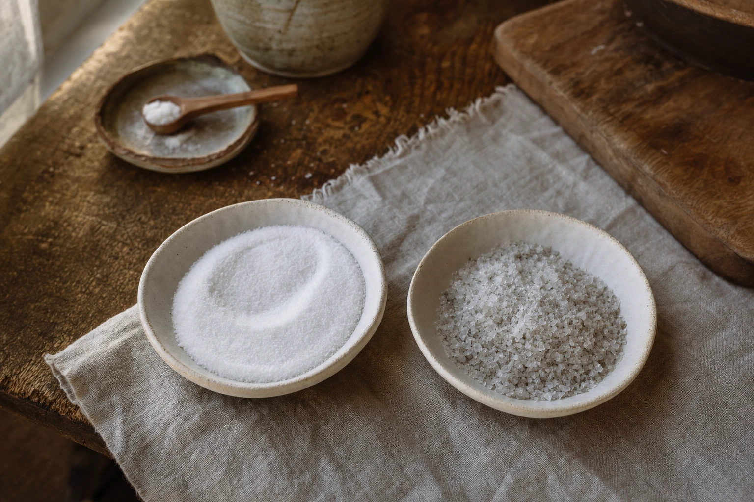 Side-by-side bowls of white table salt and grey Celtic sea salt