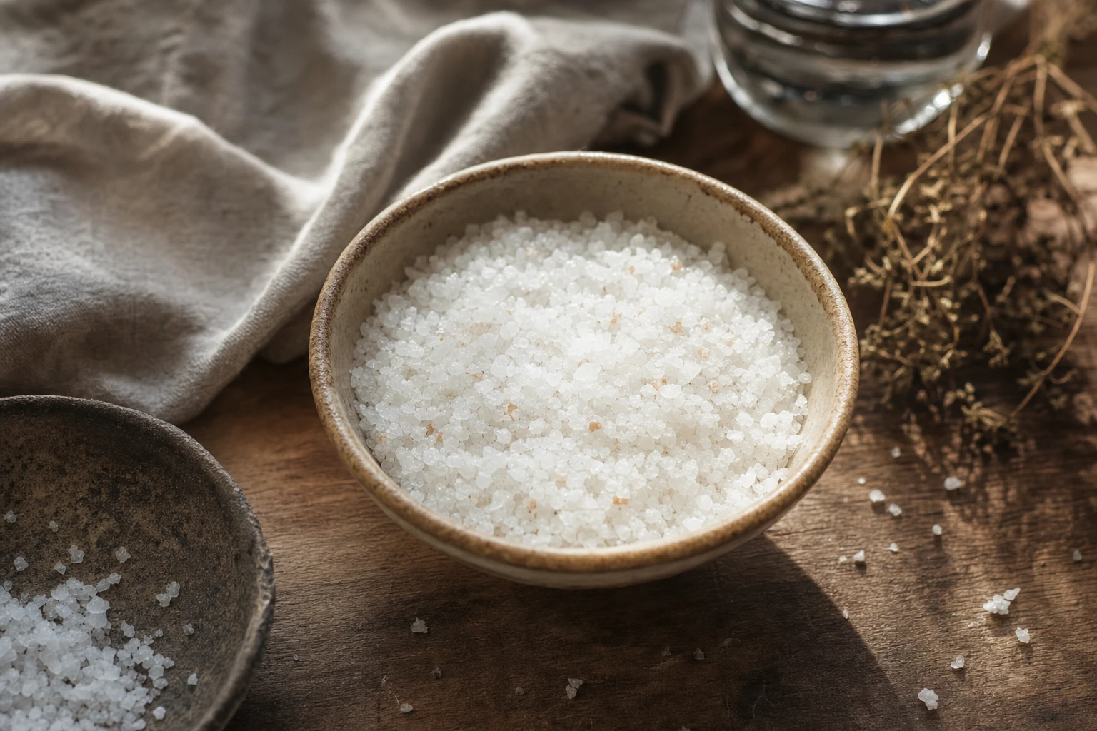 Salt crystals with anti-caking agents visible