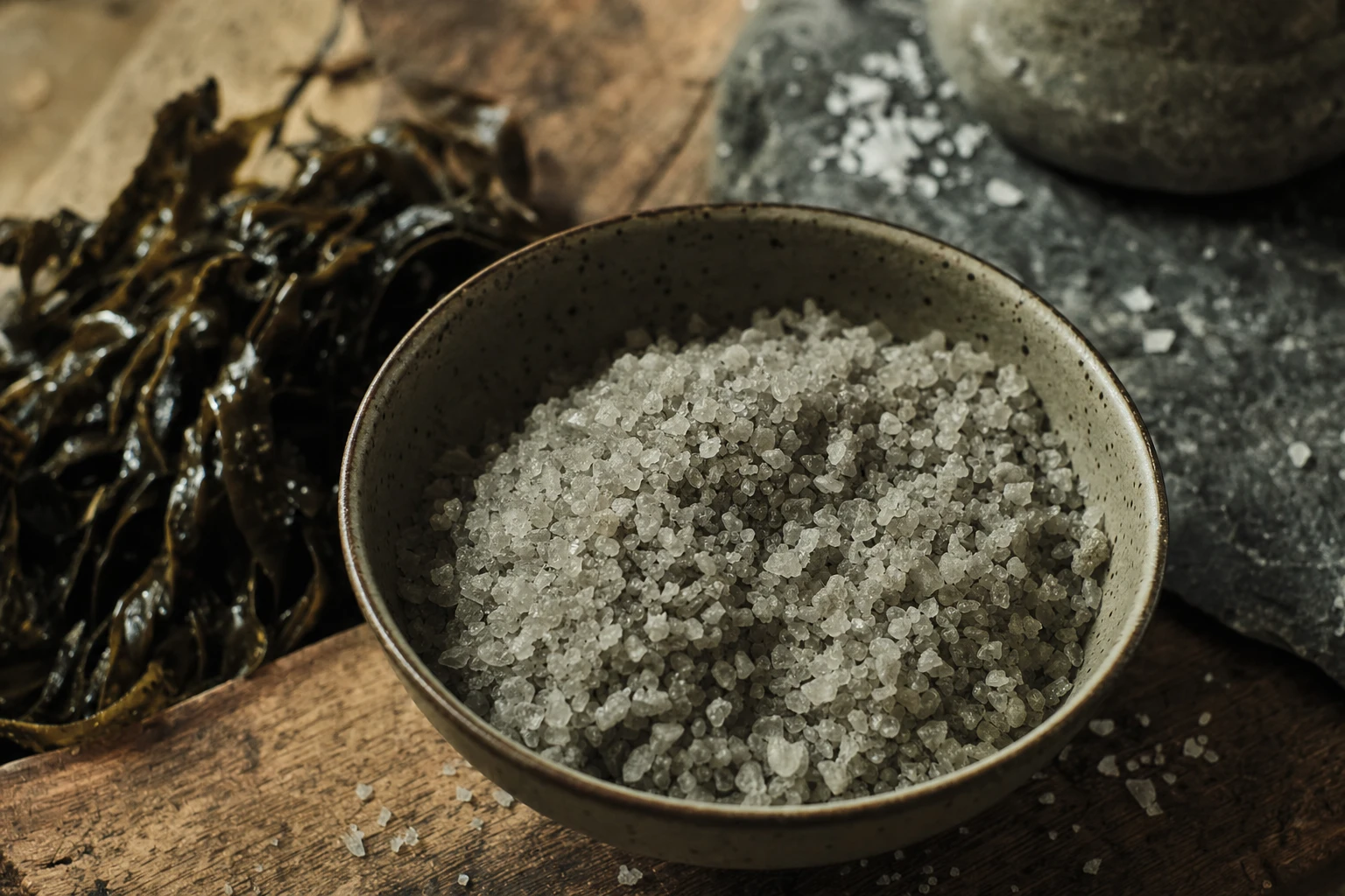 Celtic sea salt crystals close-up showing grey colour and mineral content