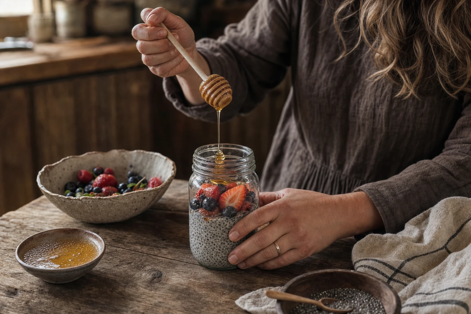 Overnight chia pudding in a mason jar, topped with fresh berries and honey drizzle