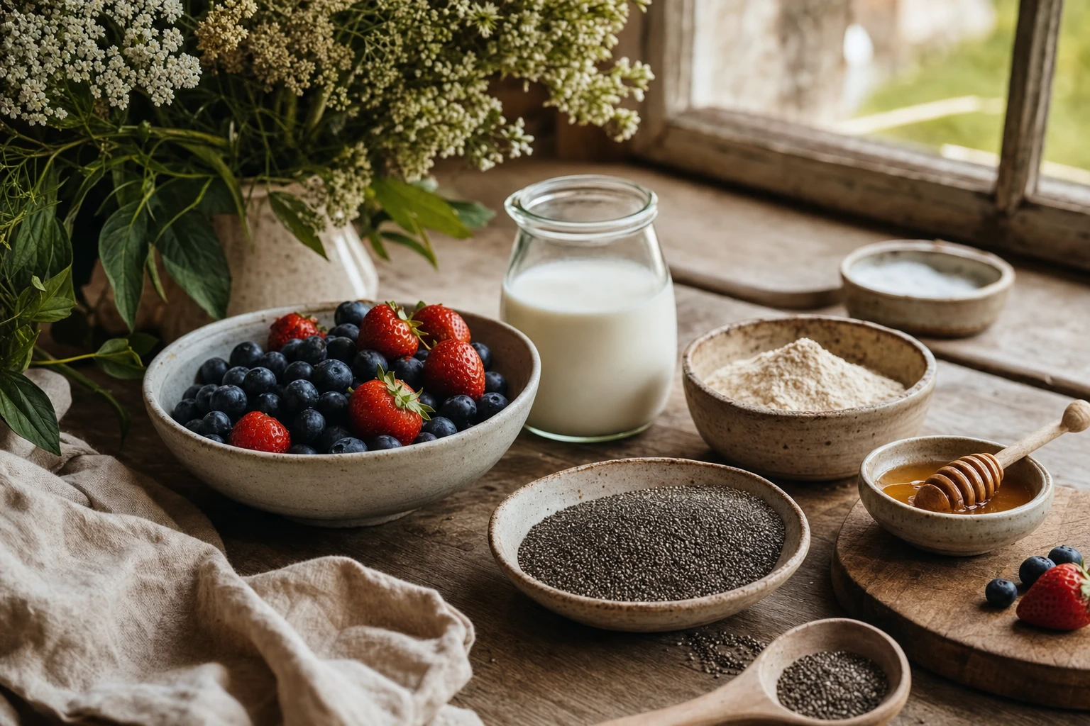 Ingredients laid out, chia seeds, raw milk, collagen powder, fresh berries, raw honey