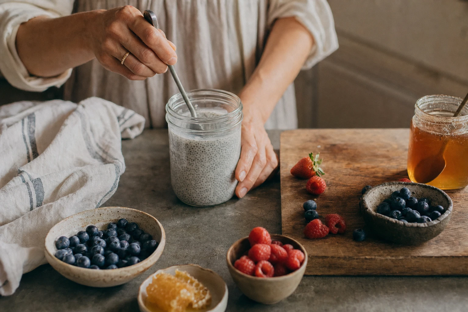 Hand stirring chia pudding in a jar to break up clumps