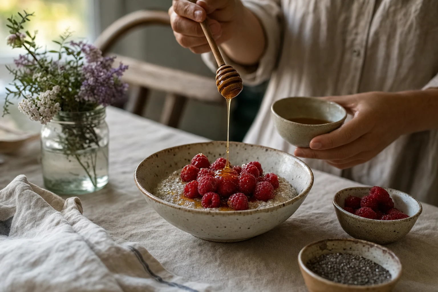 Finished chia pudding topped with raspberries and a honey drizzle