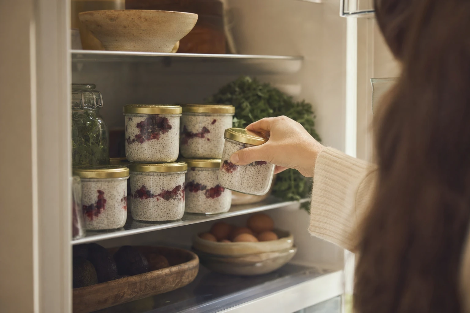 Multiple jars of chia pudding in the fridge, prepared for the week