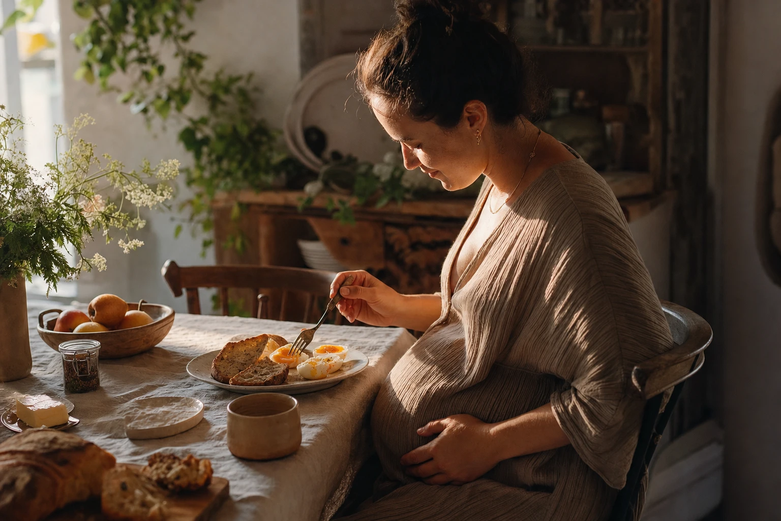 Pregnant woman eating eggs at breakfast table