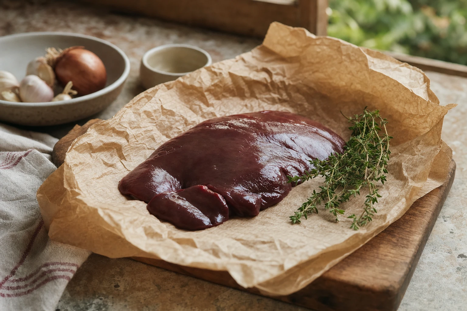 Liver on butcher paper with herbs, emphasising whole food source