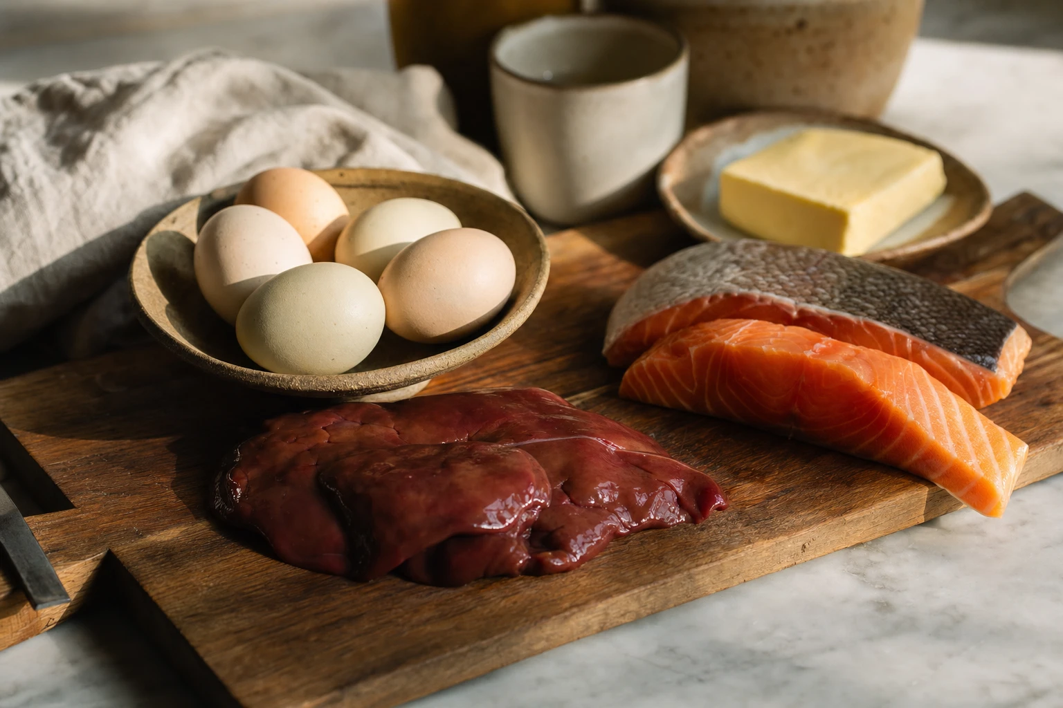 Cutting board with eggs, liver, and fatty fish