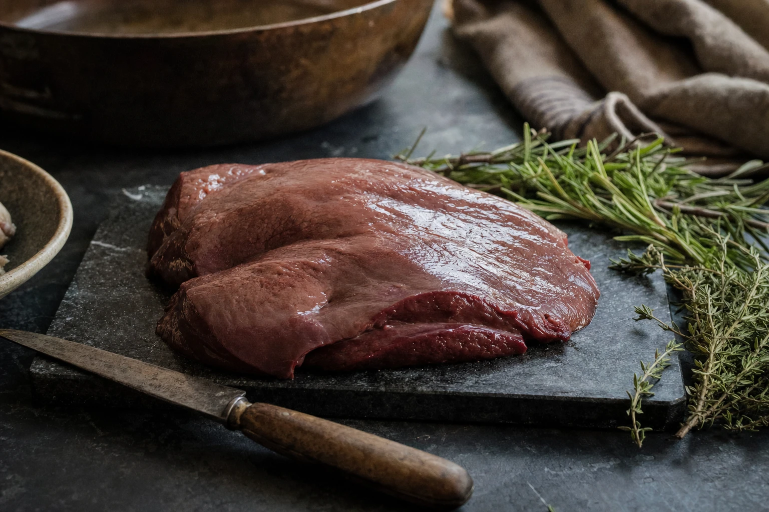 Raw beef liver on a dark surface with herbs