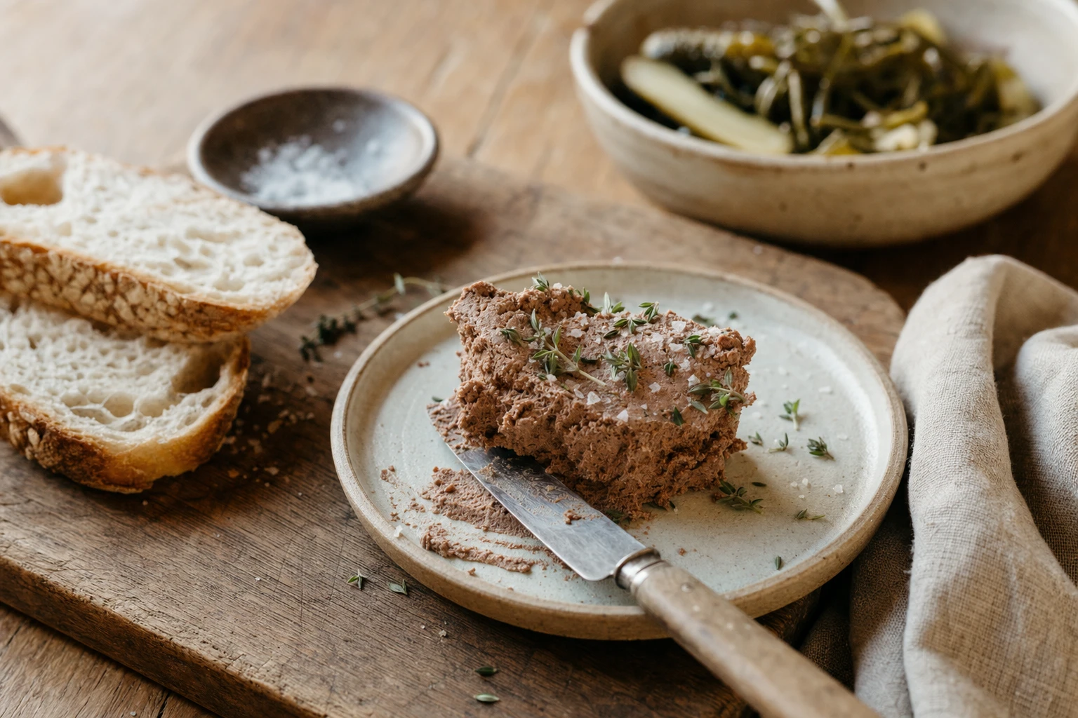 Beef liver pâté on a small plate with herbs and salt