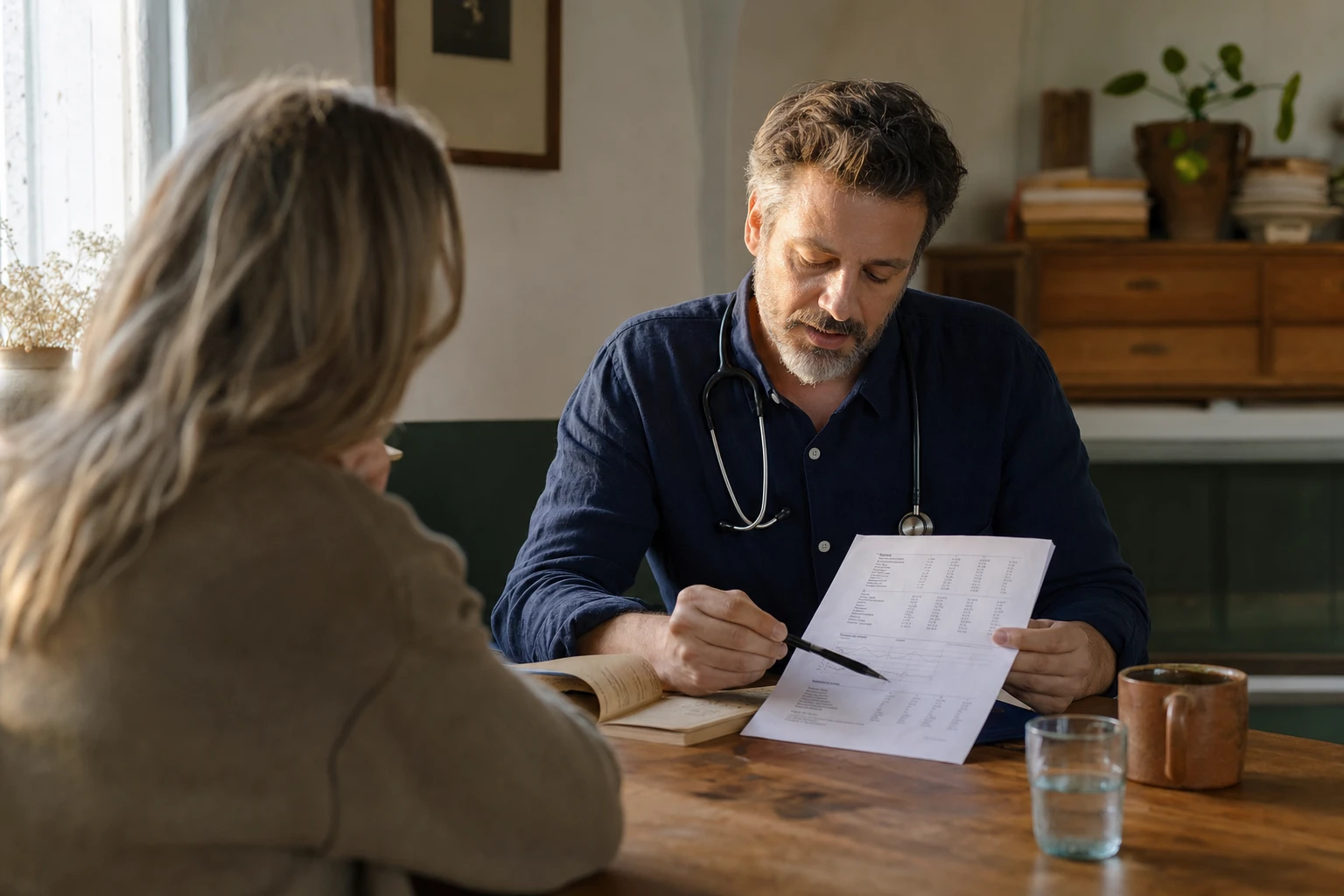 A GP examining test results with a patient