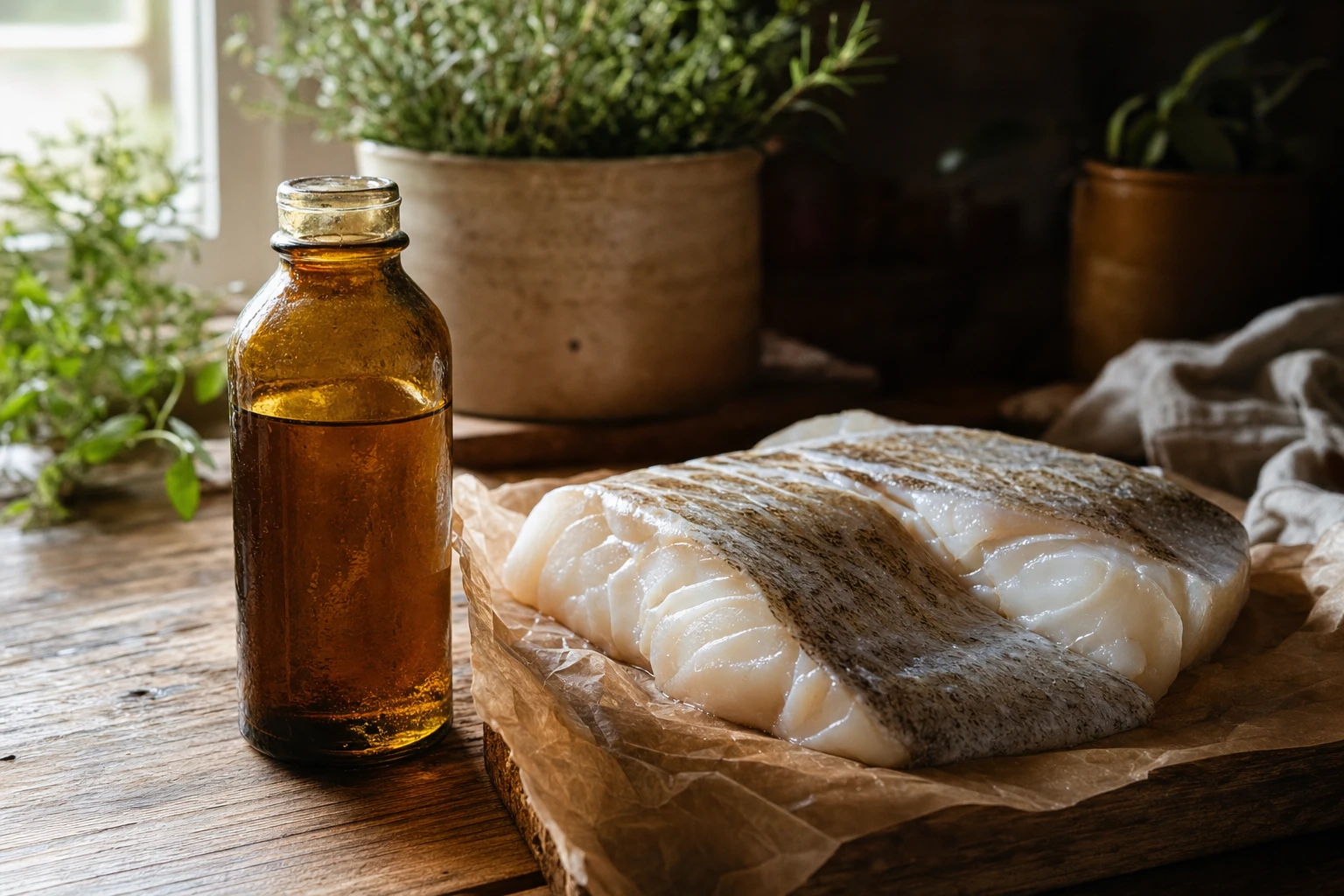 Vintage glass bottle of cod liver oil next to fresh cod fish