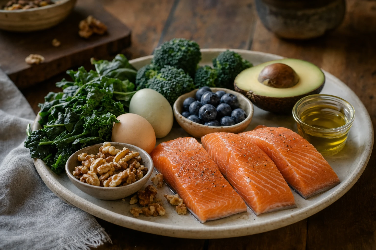 Brain-protective foods arranged on a plate