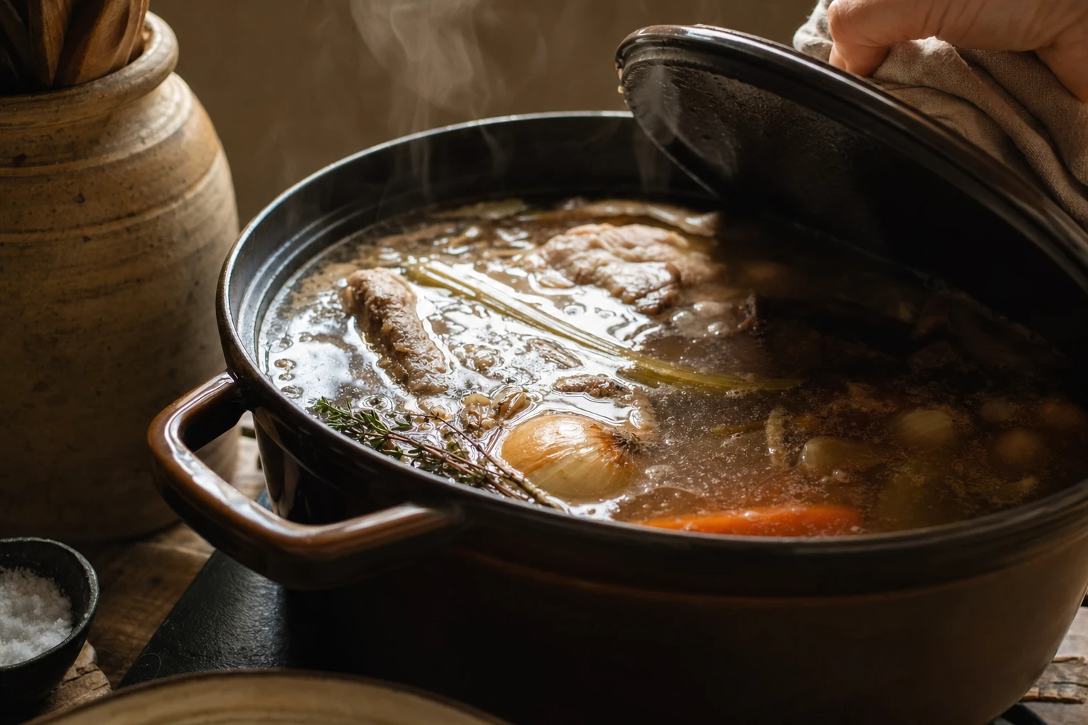 Bowl of simmering bone broth