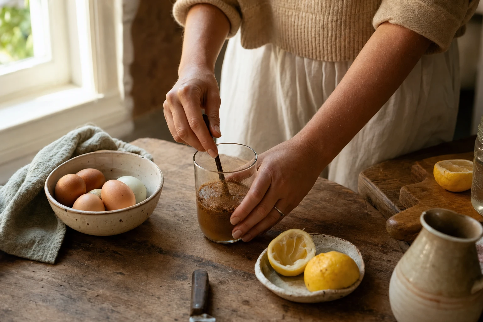 Powder being mixed with water, with lemon and eggs nearby