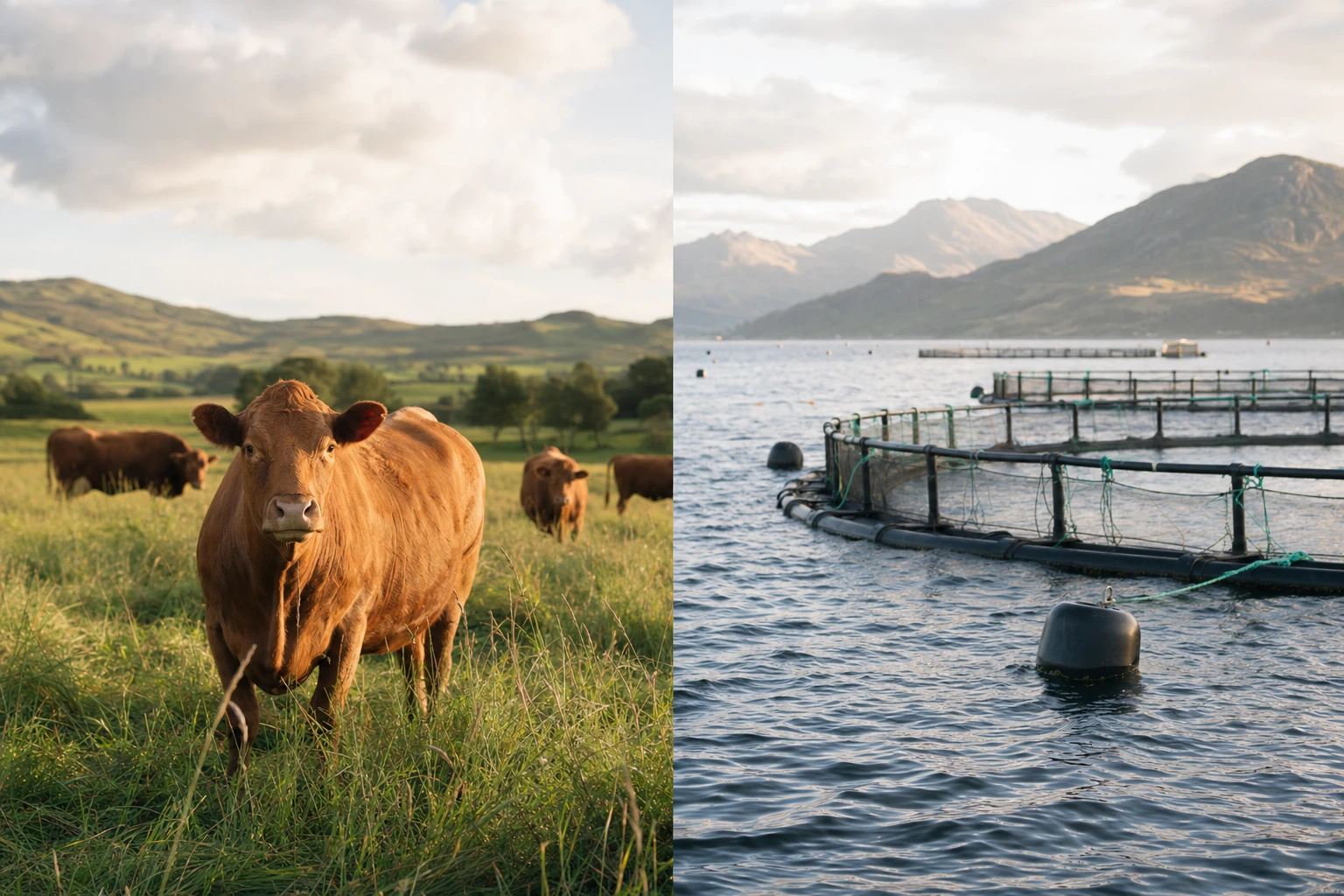 Grass-fed cow in pasture vs farmed fish farm