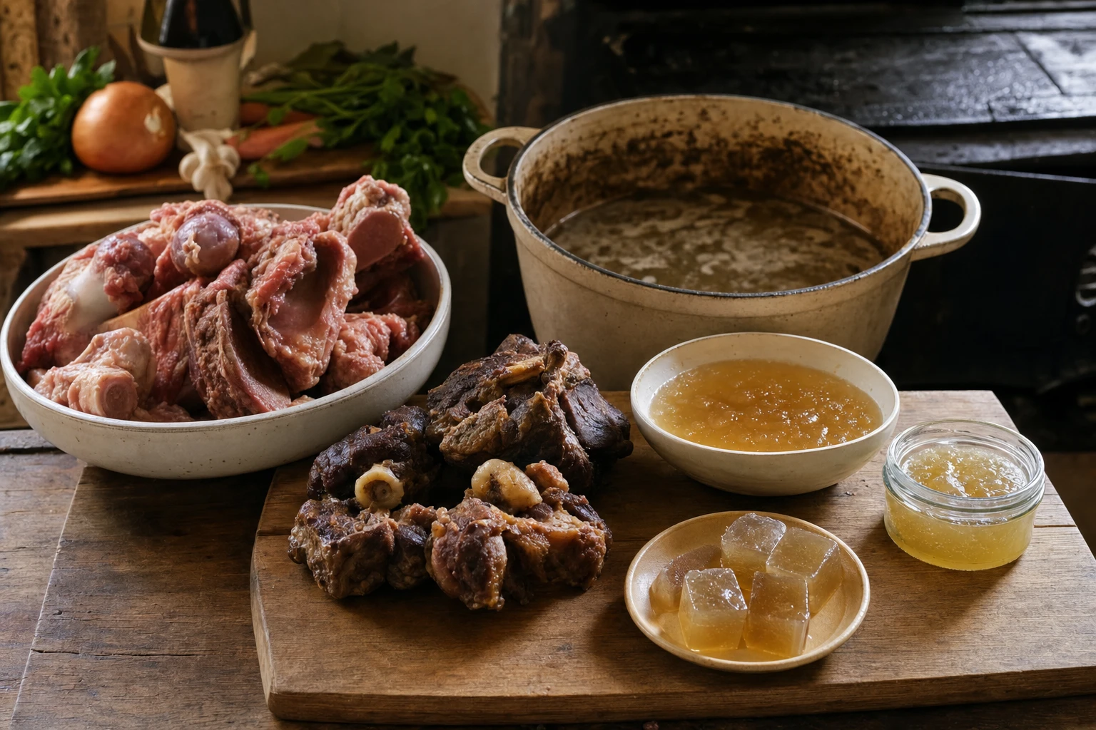 Raw collagen source materials alongside finished products