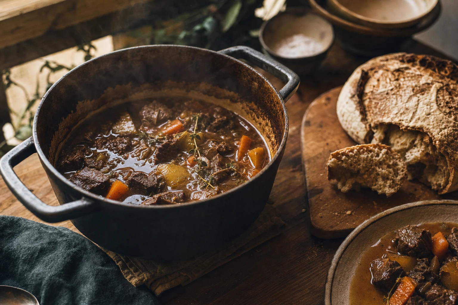 A pot of rich beef stew with vegetables, steam rising, beside crusty bread