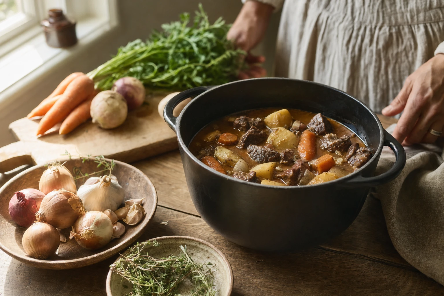 Beef stew in a slow cooker or Dutch oven, vegetables arranged, liquid just covering
