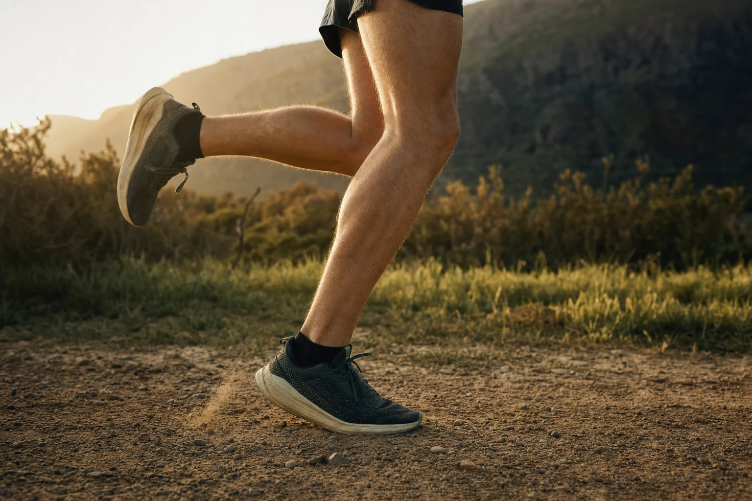Runner's legs mid-stride, focus on ankle and knee tendons