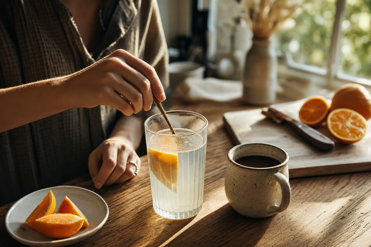 Collagen peptides powder mixed into water or coffee, with orange slice
