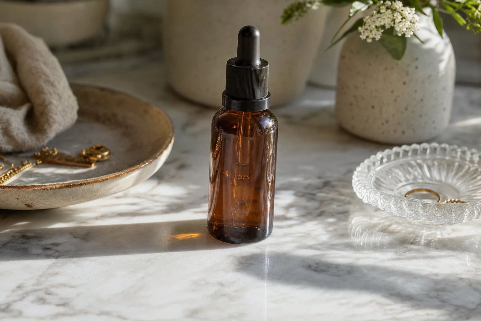Serum bottle with dropper on marble surface