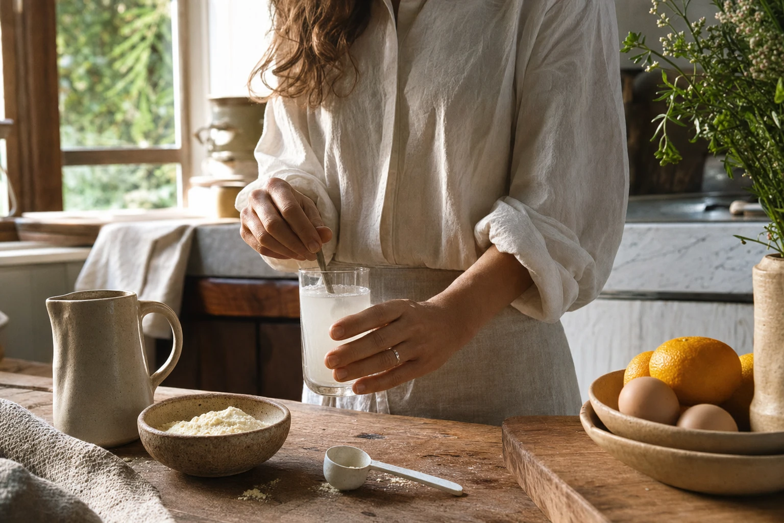 Bovine colostrum powder with measurement scoop and glass of water