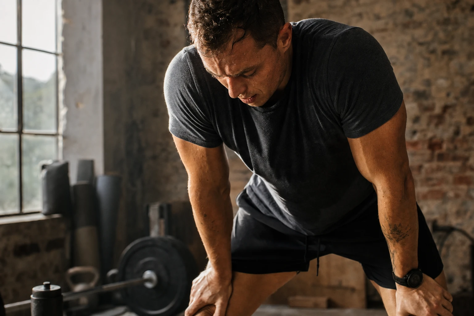 Athlete training intensely with sweat visible