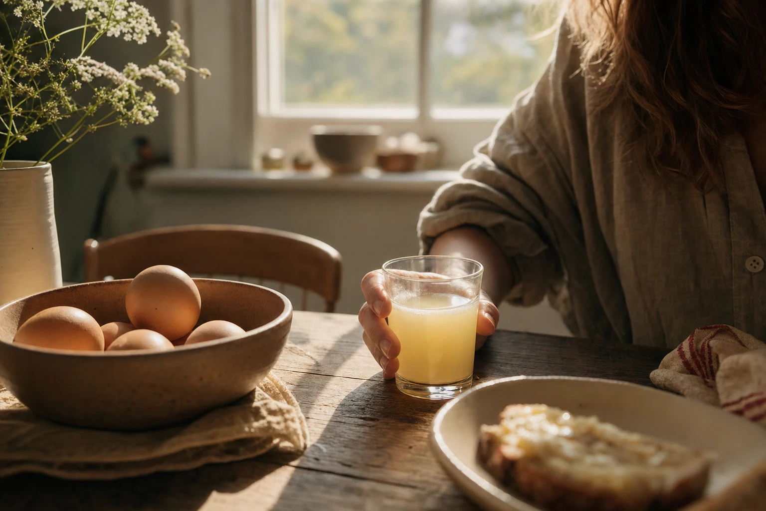 A glass of colostrum liquid, pale golden, in morning light