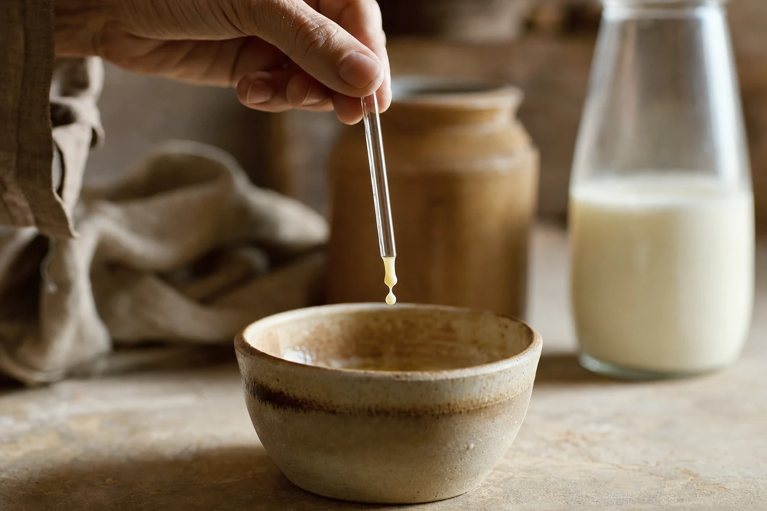 Drop of colostrum against light background