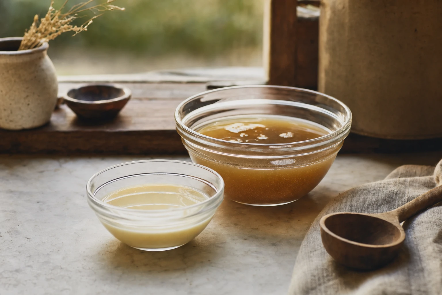 Colostrum liquid next to bone broth in glass bowls