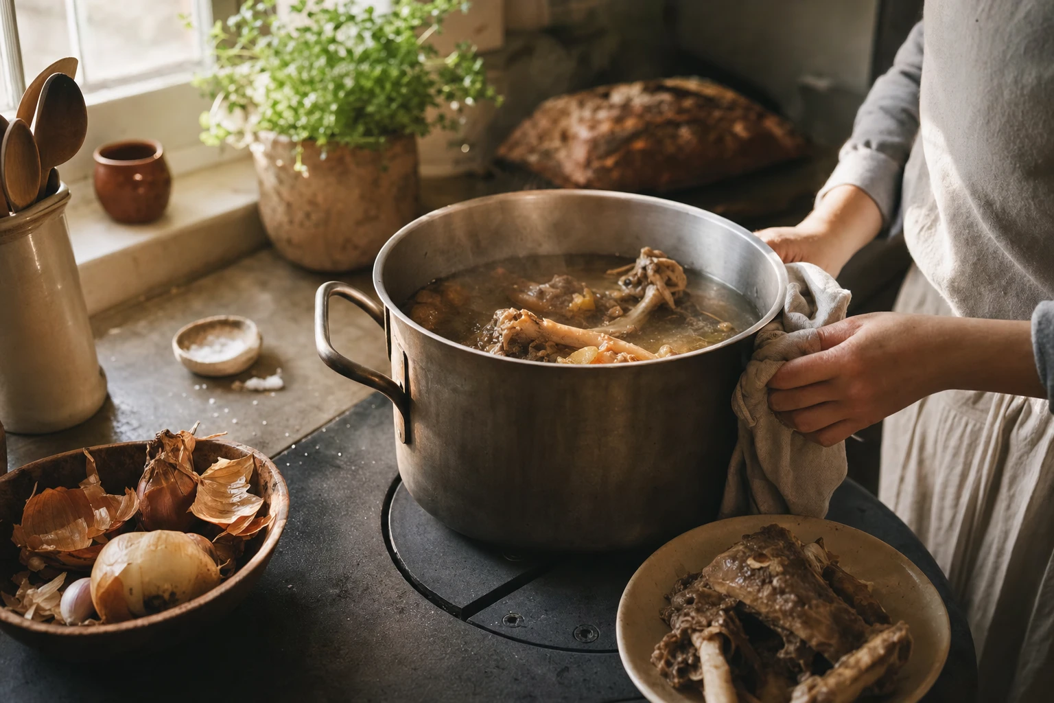 Slow-simmering bone broth in a large pot