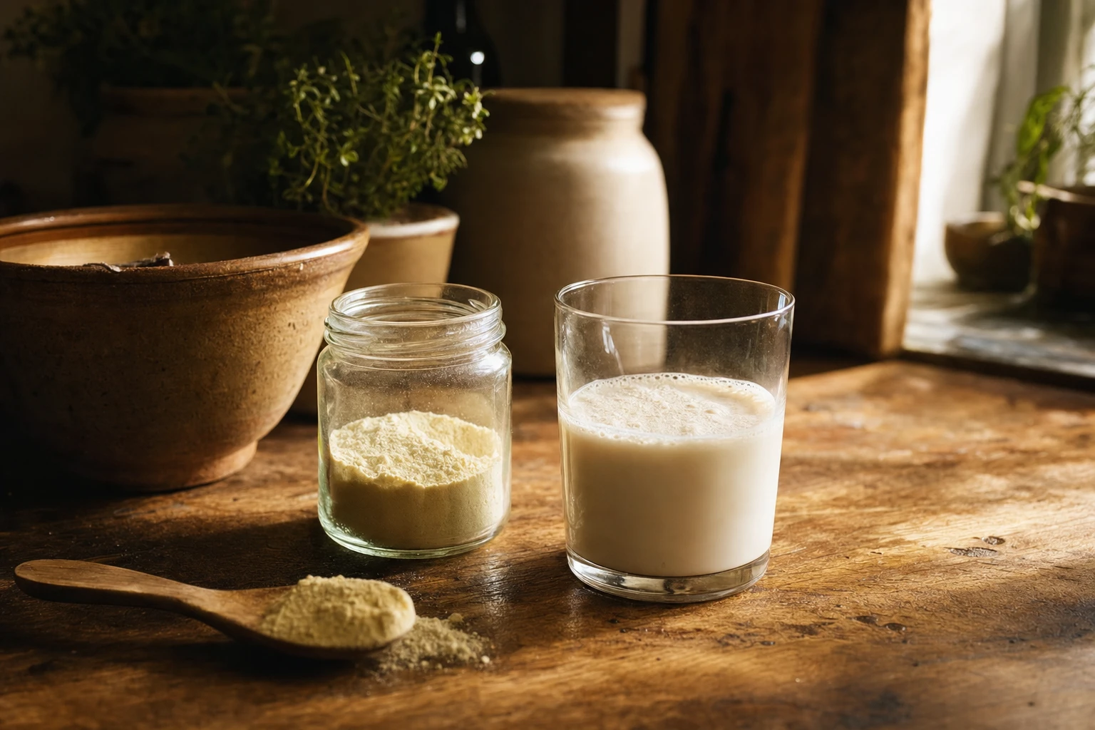 Raw colostrum powder next to whey protein in a glass
