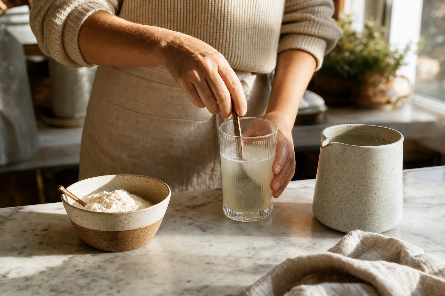 Colostrum powder being mixed into warm water