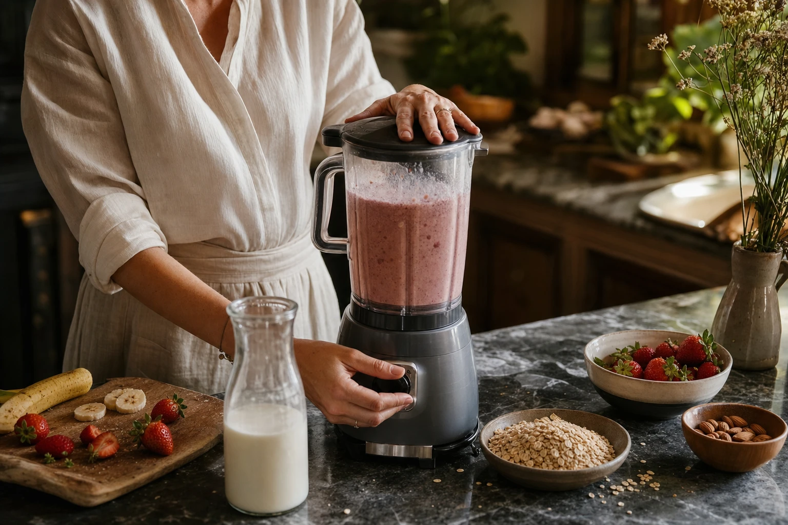 Whey protein being blended into a smoothie