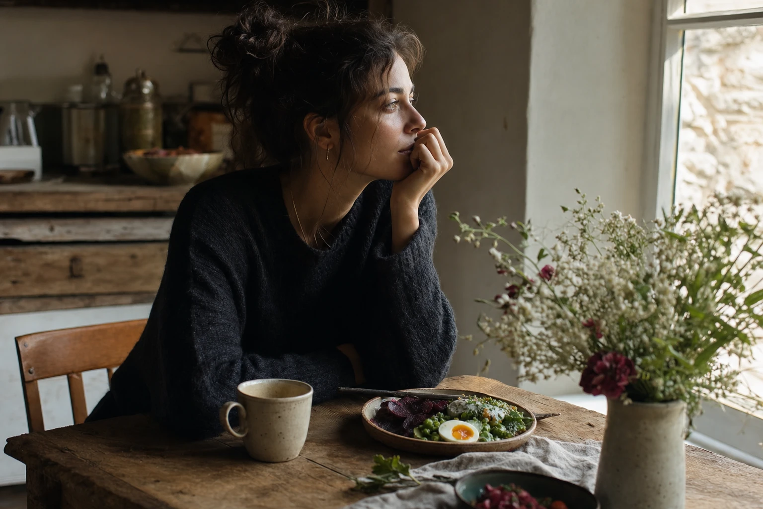 Woman looking thoughtful, natural lighting