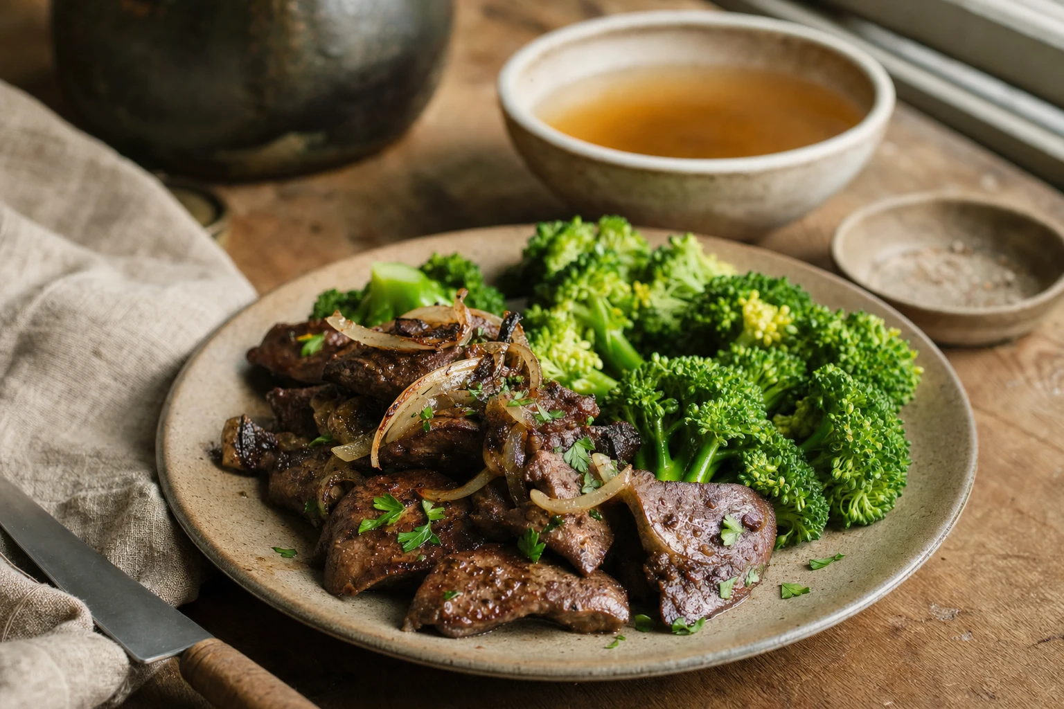 Plate with liver, cruciferous vegetables, and bone broth