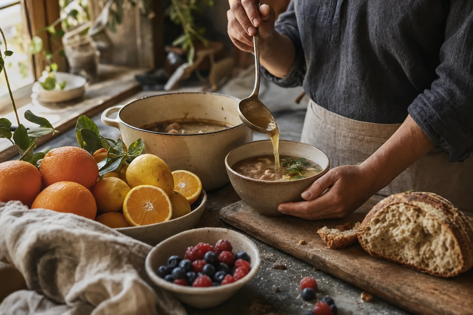 Foods rich in collagen and vitamin C: bone broth, citrus, berries